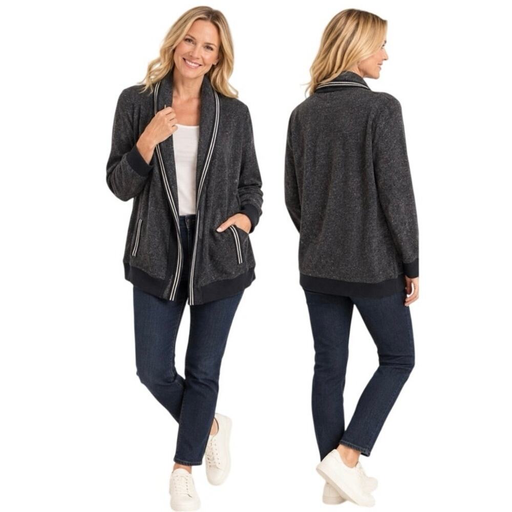 Talbots Medium Petite Charcoal Gray Open Front Shawl Collar Cardigan Jacket